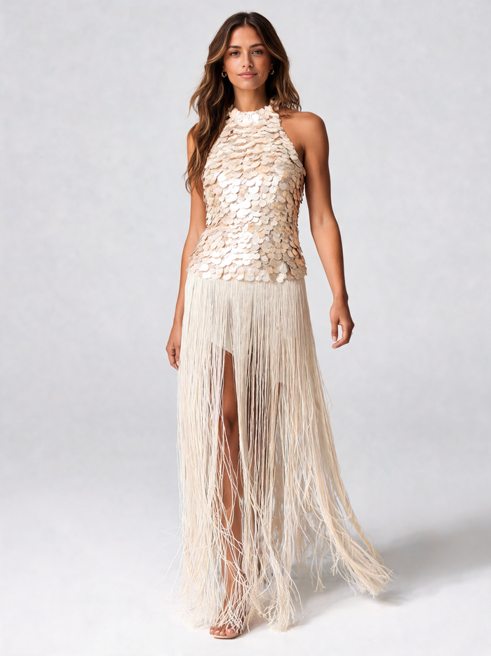 Delphinia Shell-Embellished Fringe Maxi Dress - White