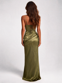 Carenza One-Shoulder Corset Satin Maxi Dress - Light Olive