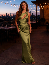 Carenza One-Shoulder Corset Satin Maxi Dress - Light Olive