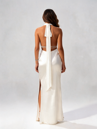 Calantha Pearl-Back Halter Maxi Dress - White