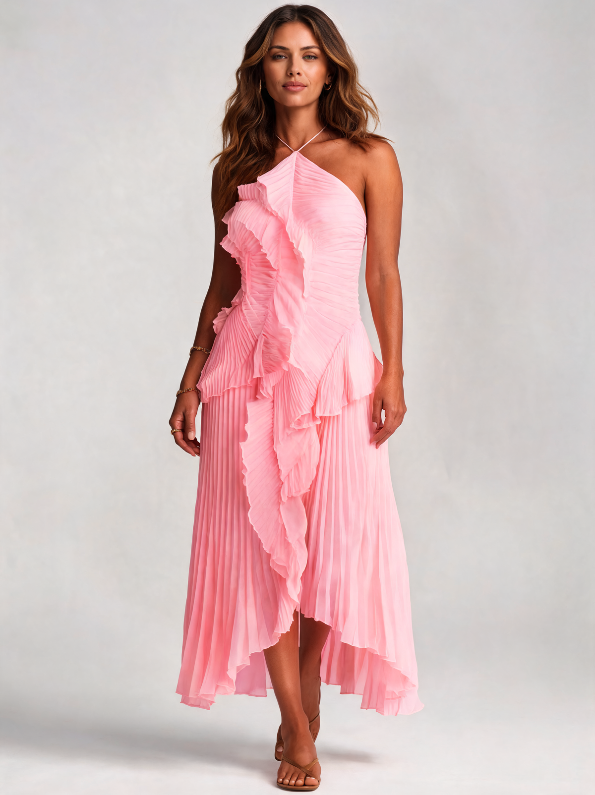 Blysse Strapless Pleated Ruffle Maxi Dress
