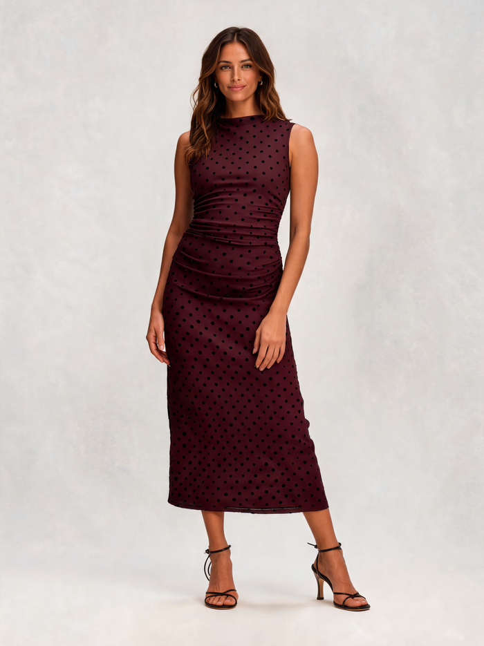 Audrina Polka-Dot Ruched Mesh Midi Dress - Black/White