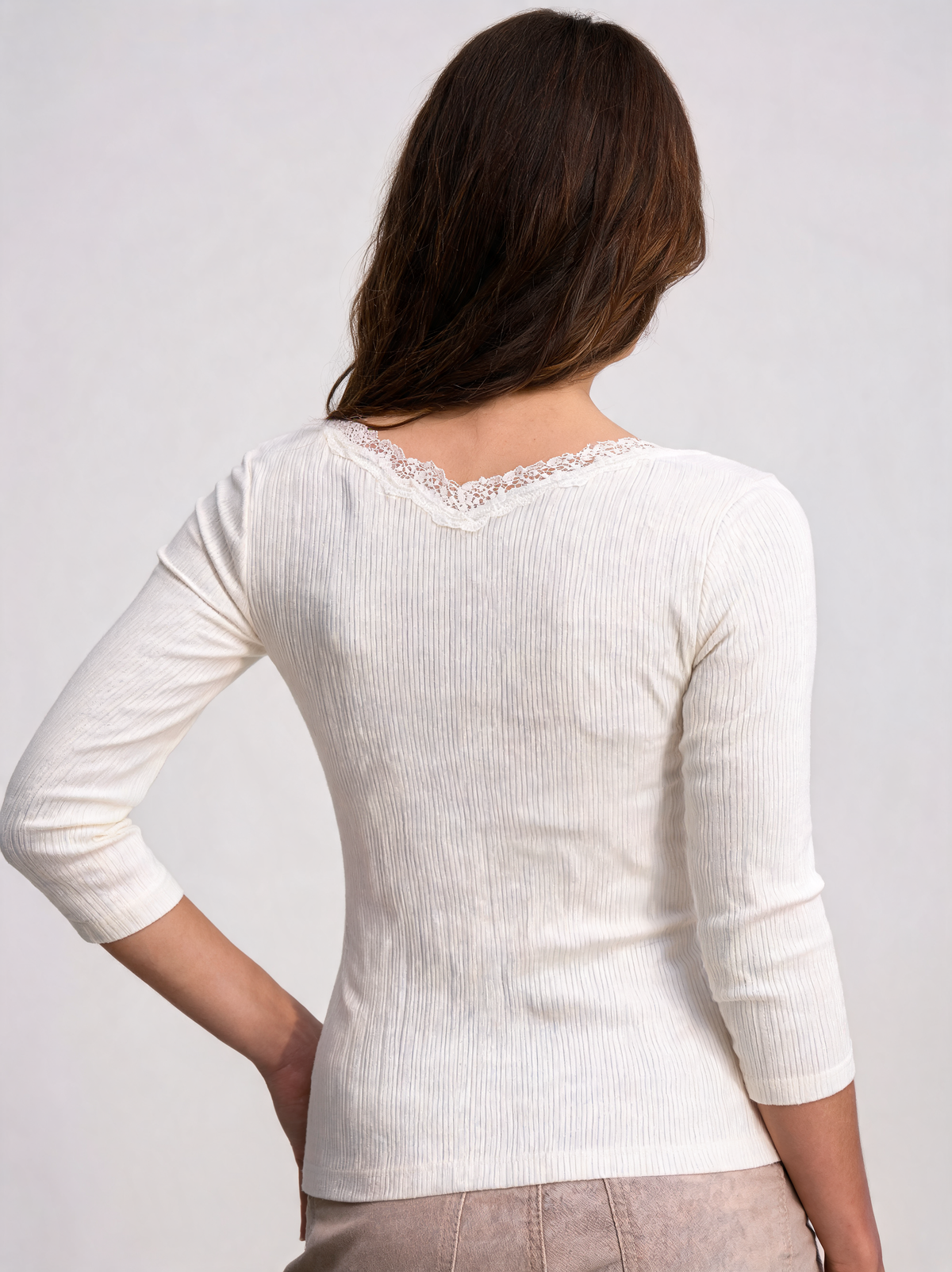 Annelise Lace-Trim Ribbed 3/4-Sleeve Top - Black