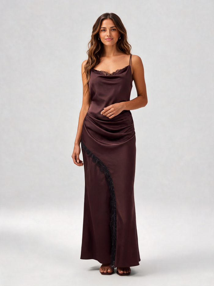 Amaranthe Lace-Trim Cowl-Neck Satin Maxi Dress - Dark Chocolate