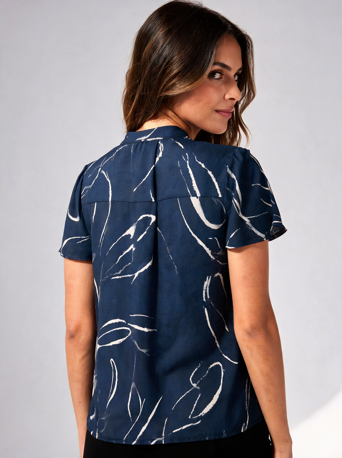 Aislin Satin Flutter-Sleeve Blouse - Navy Abstract