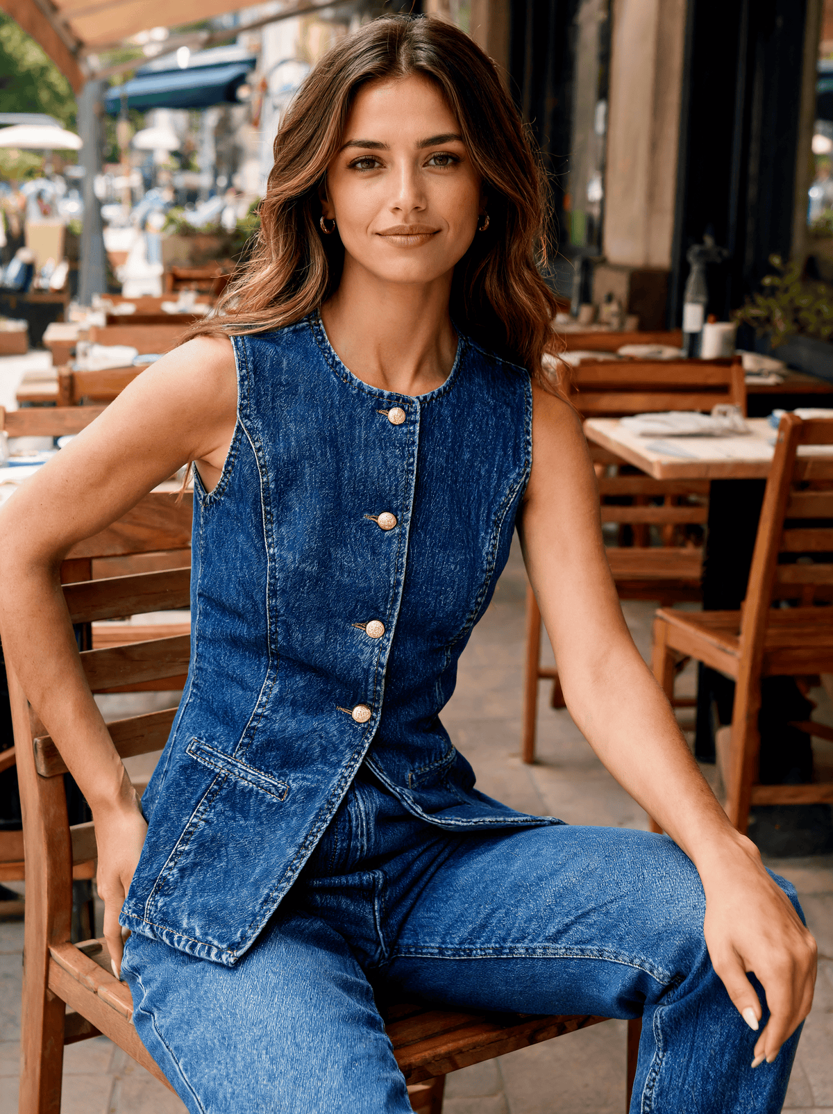 Marlene Sleeveless Denim Button-Front Top - Dark Blue