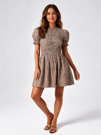 Eleni Gingham Puff-Sleeve Mini Dress - Coffee Brown
