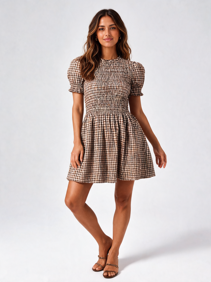 Eleni Gingham Puff-Sleeve Mini Dress - Coffee Brown