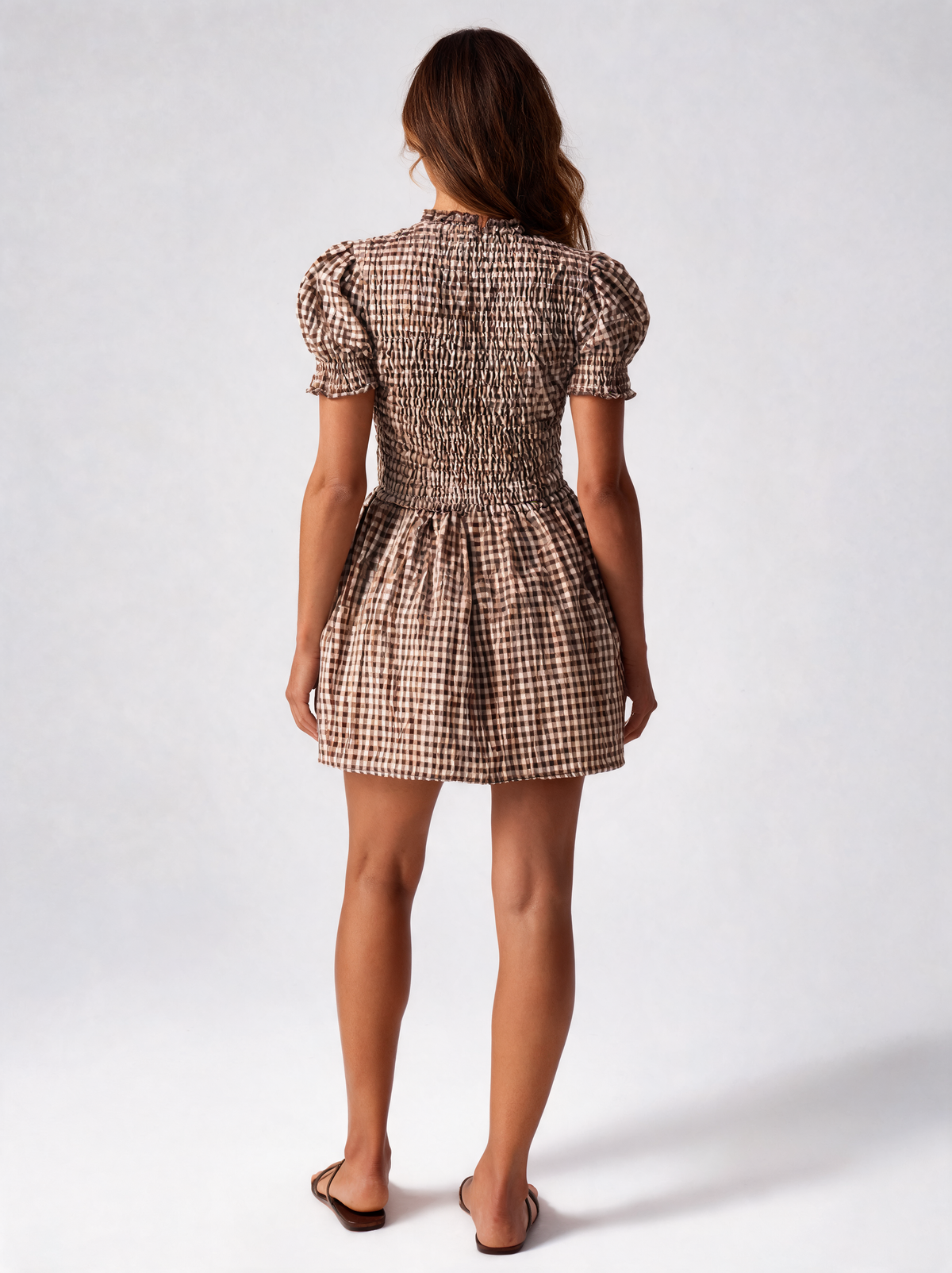 Eleni Gingham Puff-Sleeve Mini Dress - Coffee Brown