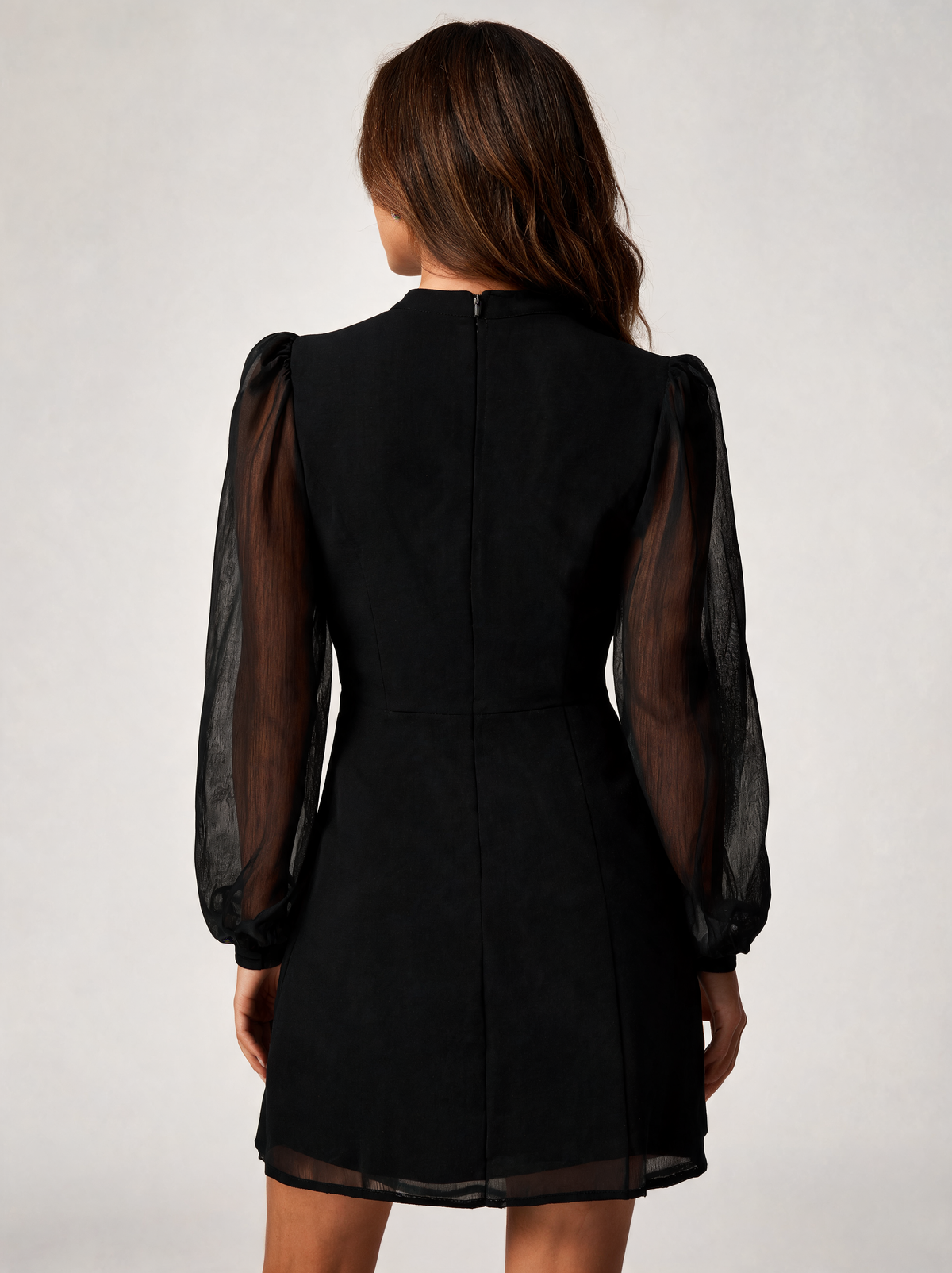Solange Stand-Collar Sheer-Slit Mini Dress - Black