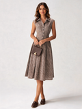 Clementine Plaid Button-Front Pleated Midi Dress - Brown