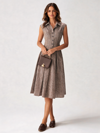Clementine Plaid Button-Front Pleated Midi Dress - Brown