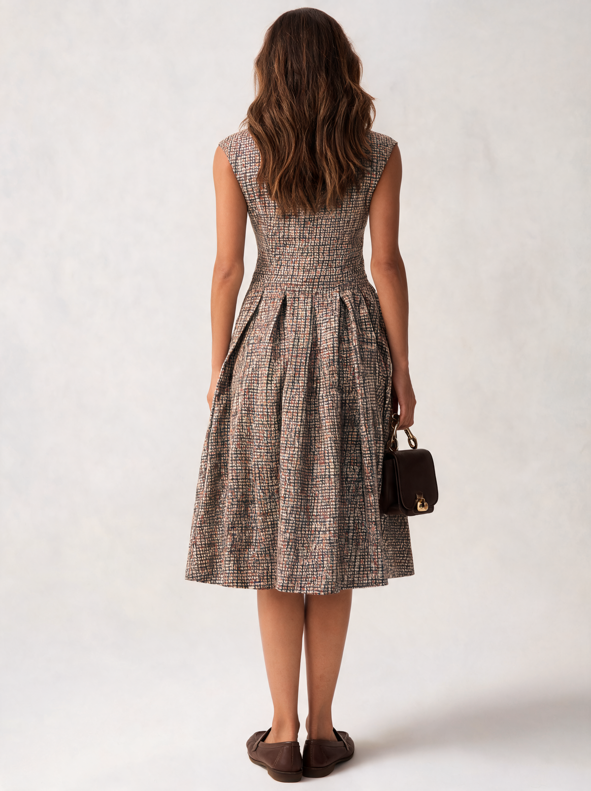 Clementine Plaid Button-Front Pleated Midi Dress - Brown