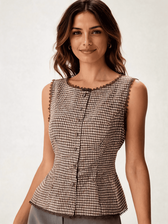 Matilda Plaid Single-Breasted Vest - Brown