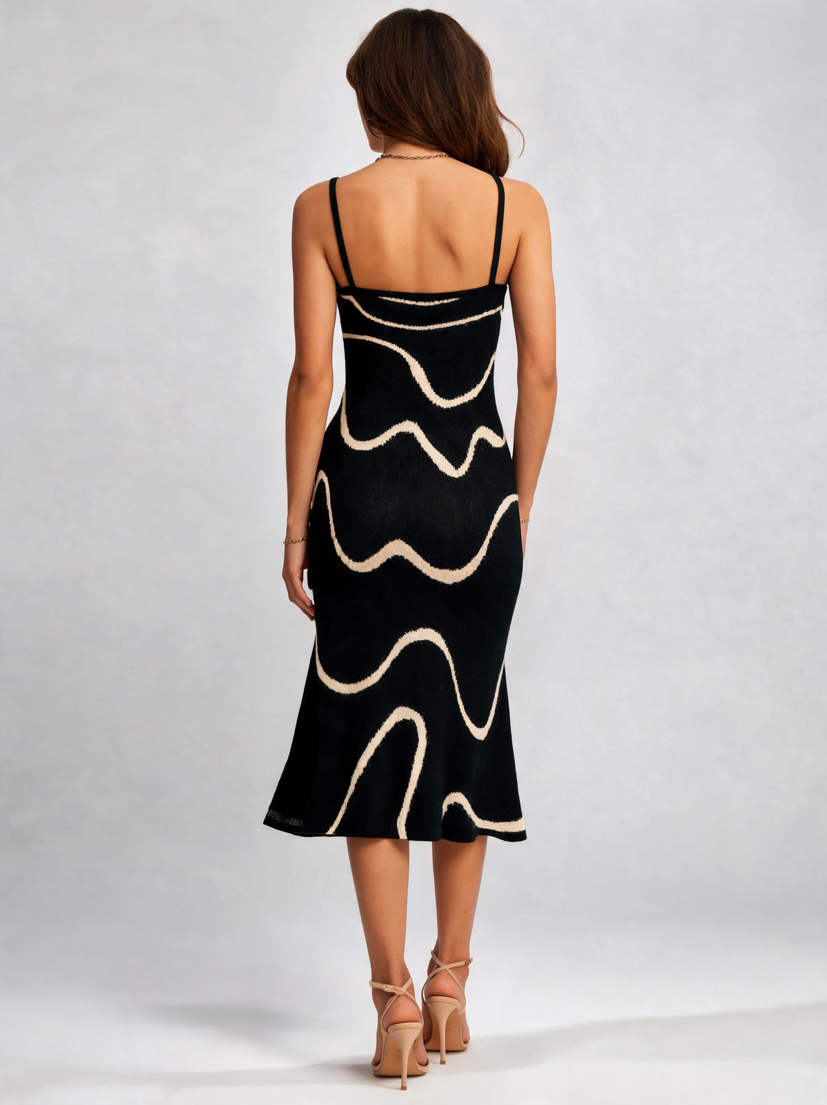 Viola Wave-Knit Mermaid-Hem Midi Dress - Black