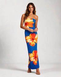 Yasmina Floral Strapless Cascade Maxi Dress