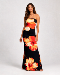 Yasmina Floral Strapless Cascade Maxi Dress