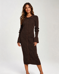 Brigitte Shell-Sleeve Ribbed Button-Front Maxi Dress
