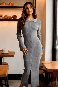 Brigitte Shell-Sleeve Ribbed Button-Front Maxi Dress