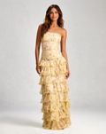 Evangeline Printed Chiffon Tiered A-Line Evening Gown