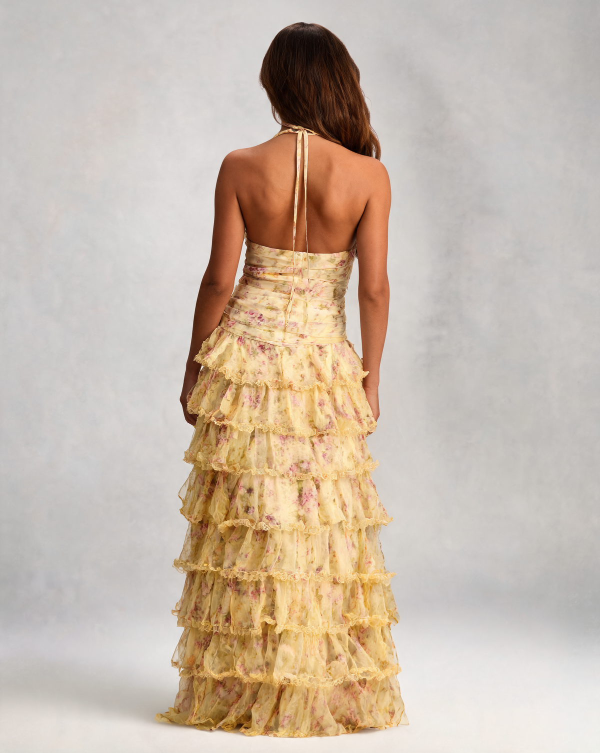 Evangeline Printed Chiffon Tiered A-Line Evening Gown