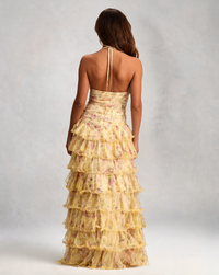 Evangeline Printed Chiffon Tiered A-Line Evening Gown