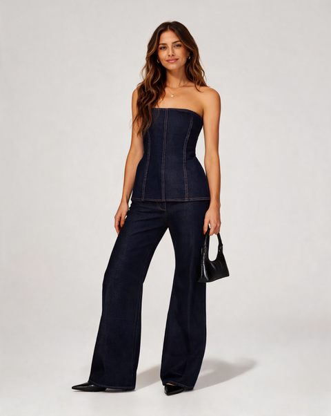 Elowyn Strapless Denim Top & Wide-Leg Trousers Set - Navy