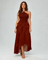 Seraphine Pleated Ruffle Halter Maxi Dress