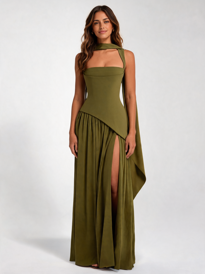 Suninheart Olive A-Line Maxi Dress with Scarf