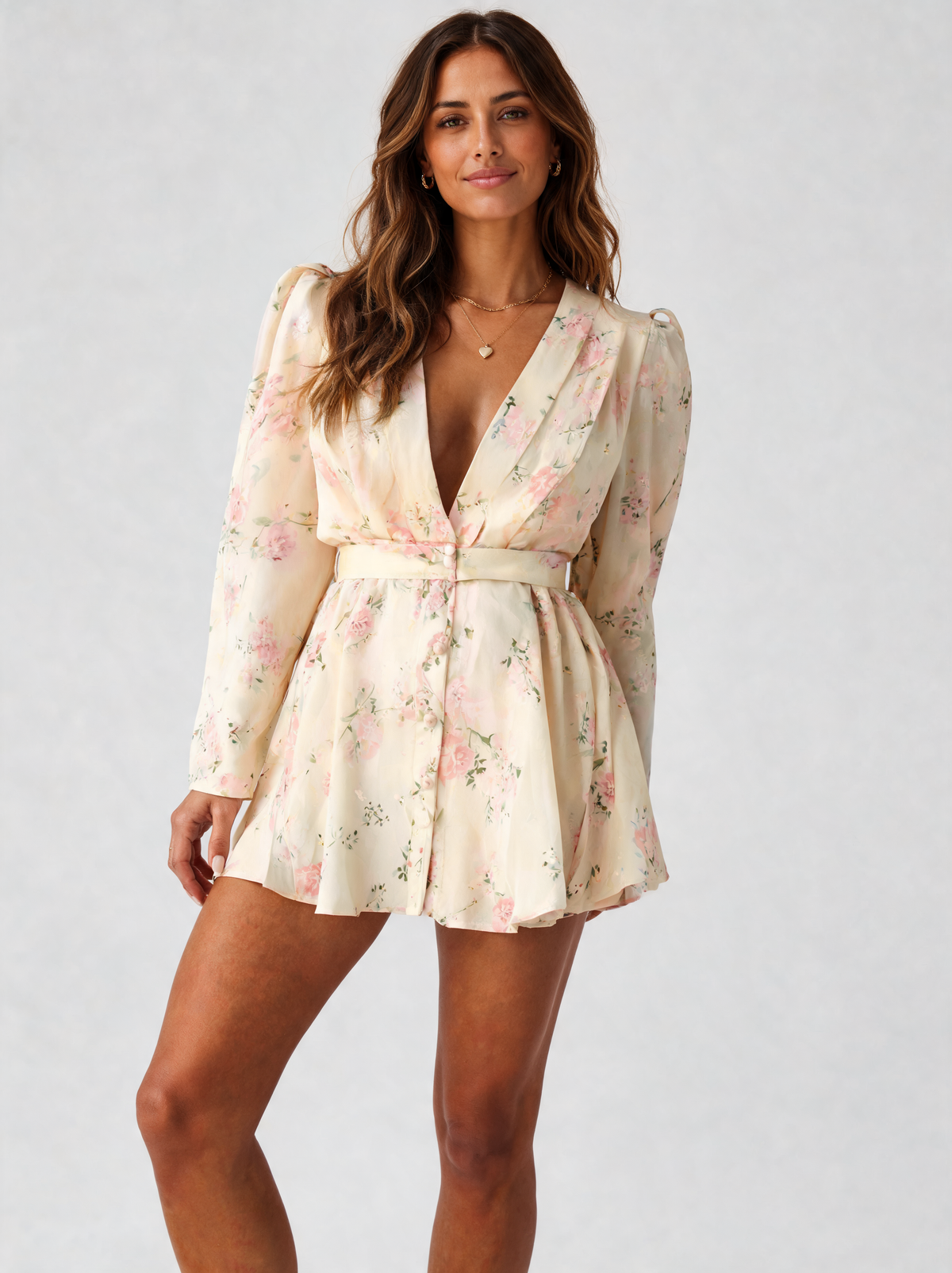 Celiina Floral V-Neck Long-Sleeve A-Line Mini Dress