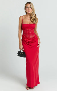 Amelie Cowl-Neck Lace-Bodice Maxi Dress in Red – product image 5