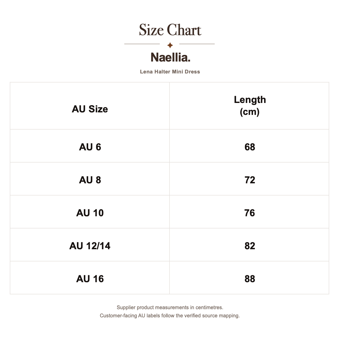 Lena Halter Mini Dress — AU size chart