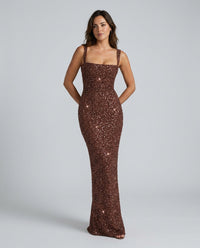 Sabine Sequin Tie-Up Square-Neck Maxi Dress