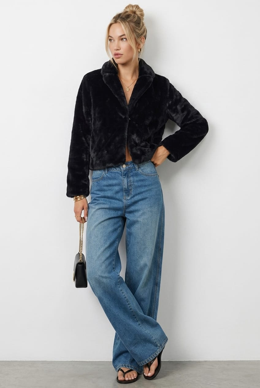 Noella Black Collared Faux-Fur Jacket - product image 1