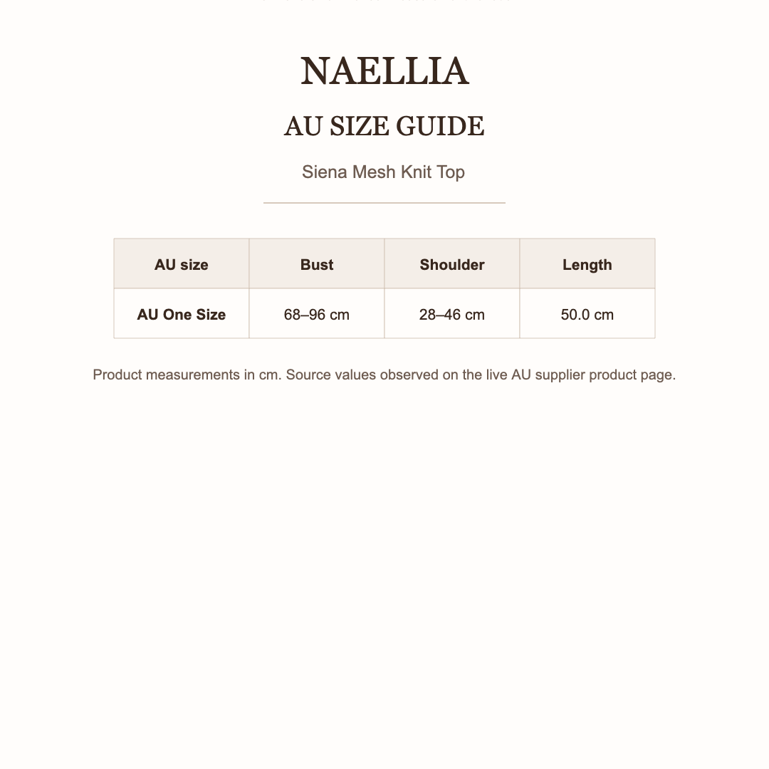 Siena Mesh Knit Top — AU size chart