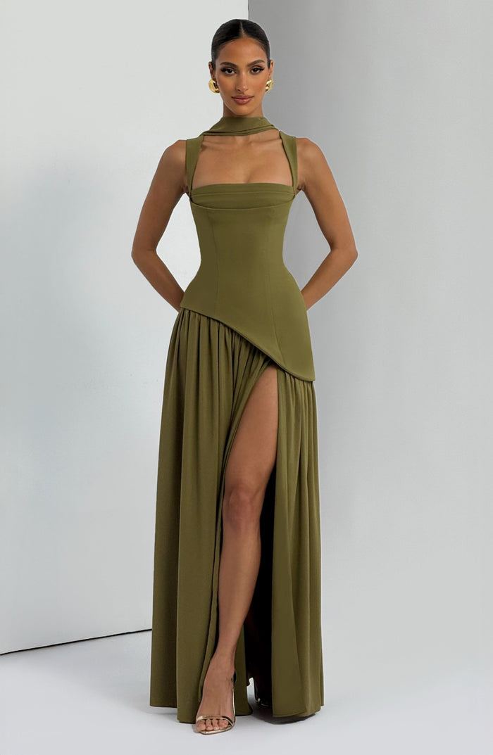 Tullulah Square-Neck Chiffon Maxi Dress - Deep Olive - product image 1